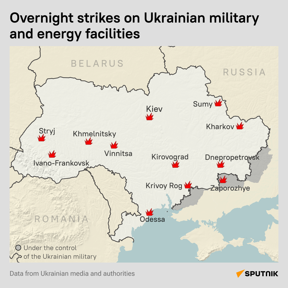 A map of overnight Russian strikes on Ukrainian military and energy facilities, March 22, 2024. - Sputnik International