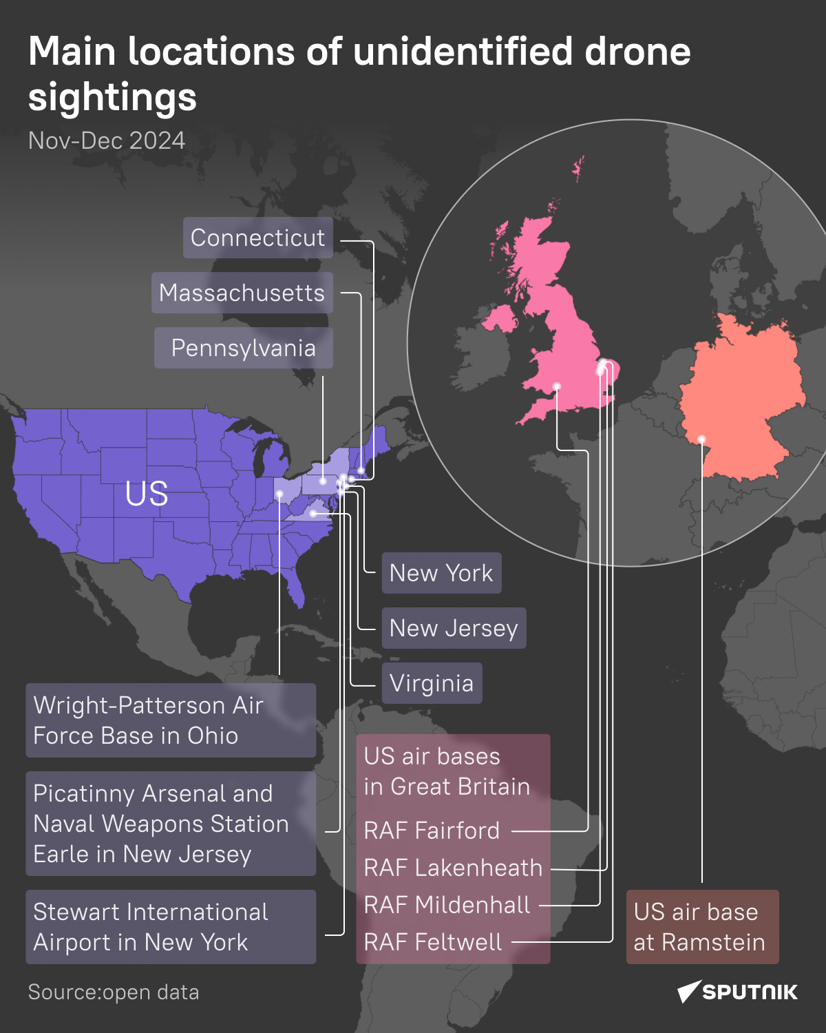 Main Locations of Unidentified Drone Sightings  - Sputnik International