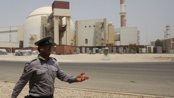 An Iranian security directs media at the Bushehr nuclear power plant, with the reactor building seen in the background, just outside the southern city of Bushehr, Iran, Saturday, Aug. 21, 2010 - Sputnik International