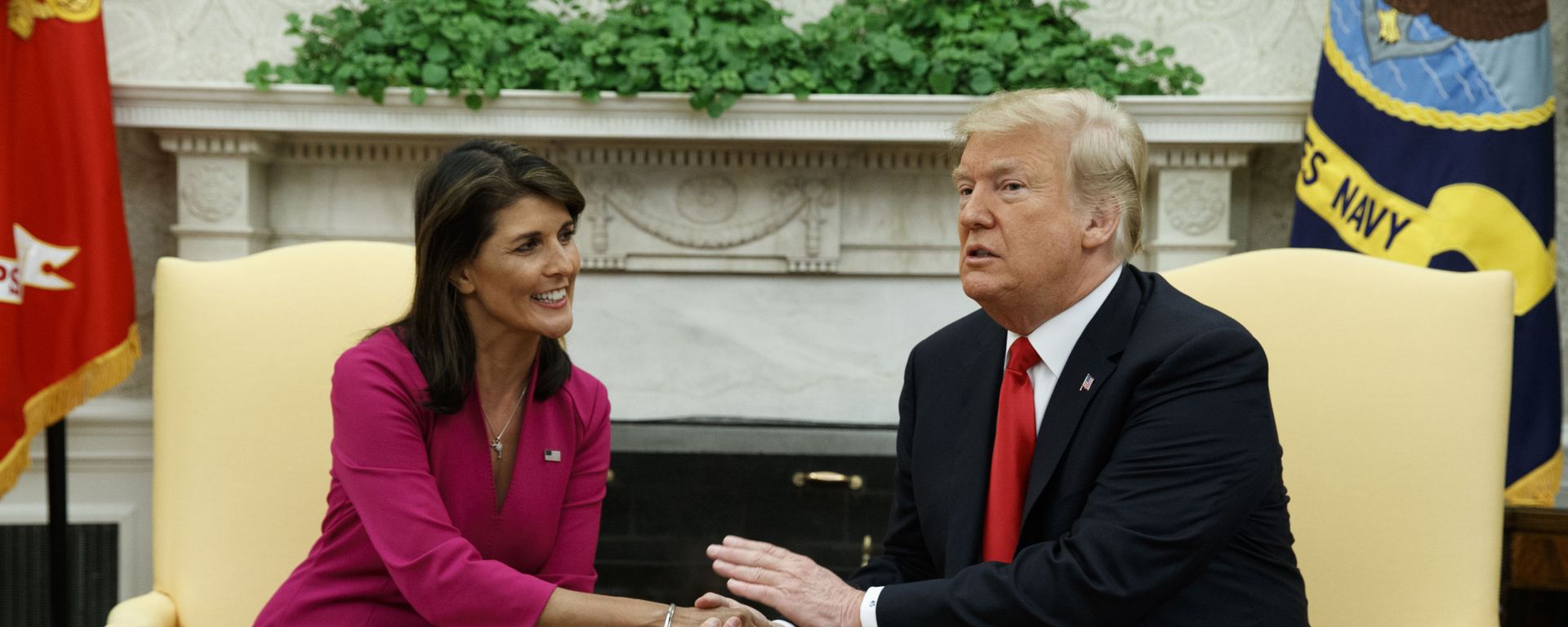 President Donald Trump meets with outgoing U.S. Ambassador to the United Nations Nikki Haley in the Oval Office of the White House, Tuesday, Oct. 9, 2018, in Washington President Donald Trump meets with outgoing U.S. Ambassador to the United Nations Nikki Haley in the Oval Office of the White House, Tuesday, Oct. 9, 2018, in Washington - Sputnik International, 1920, 23.10.2023