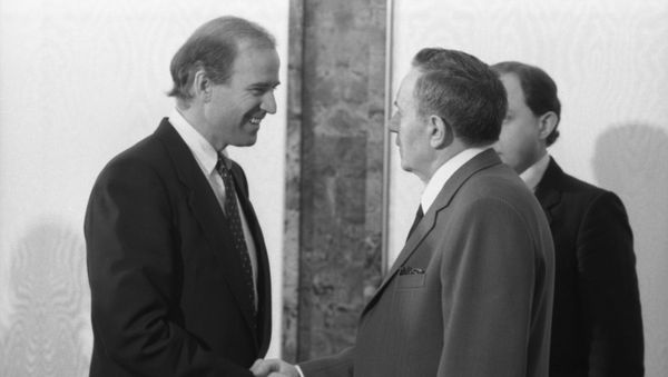 A visit by US Senator Joe Biden to the USSR. US Senator representing Delaware and member of the U.S. Senate Committee on Foreign Relations, Joe Biden, left, and Presidium of the Supreme Soviet of the USSR Andrei Gromyko during their meeting at the Kremlin. - Sputnik International
