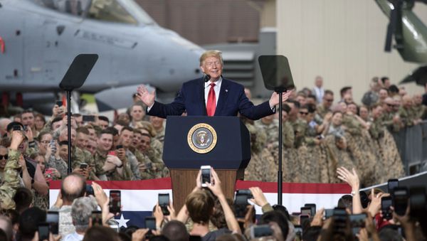 US President Donald Trump speaks to military personnel and their families stationed in South Korea in Osan Air Base, south of Seoul, Sunday June 30, 2019. With wide grins and a historic handshake, President Donald Trump and North Korea's Kim Jong Un met at the heavily fortified Demilitarized Zone on Sunday and agreed to revive talks on the pariah nation's nuclear program. Trump, pressing his bid for a legacy-defining deal, became the first sitting American leader to step into North Korea. - Sputnik International