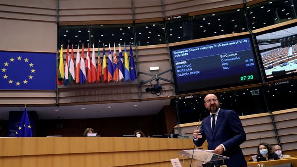 European Council President Charles Michel speaks during a debate about EU financing and economic recovery with EU lawmakers at the European Parliament in Brussels, Belgium July 8, 2020. European Council President Charles Michel speaks during a debate about EU financing and economic recovery with EU lawmakers at the European Parliament in Brussels, Belgium July 8, 2020. - Sputnik International