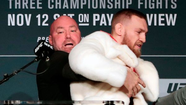 In this Nov. 10, 2016, file photo, fighter Conor McGregor, right, is restrained by UFC president Dana White during a news conference ahead of the UFC 205 mixed martial arts fight between McGregor and Eddie Alvarez, not shown, at Madison Square Garden in New York. - Sputnik International
