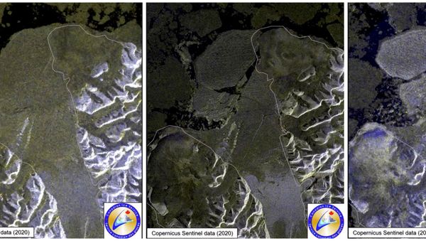 The collapse of the Milne Ice Shelf, the last fully intact ice shelf in Canada, is seen reducing its size by about 43% according to Environment and Climate Change Canada (ECCC) in a combination of satellite images taken July 30 to August 4, 2020 over Ellesmere Island, Nunavut, Canada.   ECCC/ESA Copernicus/Handout via REUTERS.    NO RESALES. NO ARCHIVES. THIS IMAGE HAS BEEN SUPPLIED BY A THIRD PARTY. - Sputnik International
