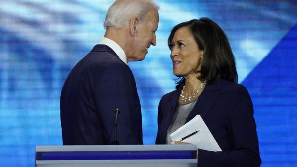 Democratic presidential candidate former Vice President Joe Biden, left, and then-candidate Sen. Kamala Harris, D-Calif. shake hands after a Democratic presidential primary debate hosted by ABC at Texas Southern University in Houston. Biden has chosen Harris as his running mate Democratic presidential candidate former Vice President Joe Biden, left, and then-candidate Sen. Kamala Harris, D-Calif. shake hands after a Democratic presidential primary debate hosted by ABC at Texas Southern University in Houston. Biden has chosen Harris as his running mate - Sputnik International