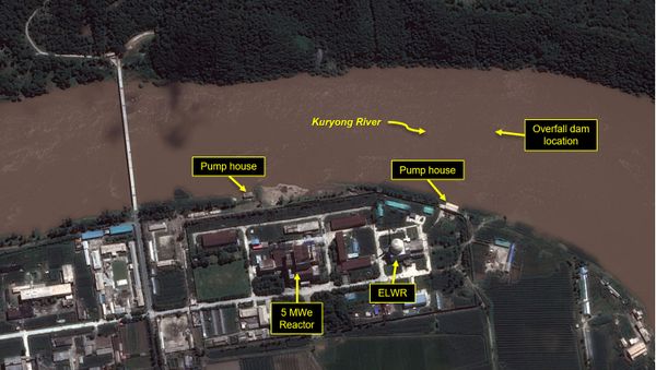 A view of the Yongbyon Nuclear Scientific Research Center shows flooding along the bank of the Kuryong River in Yongbyon, North Korea, August 6, 2020. - Sputnik International