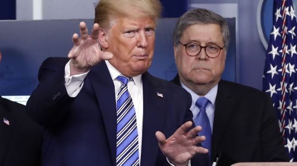 In this March 23, 2020 file photo, President Donald Trump talks during a briefing about the coronavirus in the James Brady Briefing Room, Monday, March 23, 2020, in Washington, as Attorney General William Barr looks on. - Sputnik International