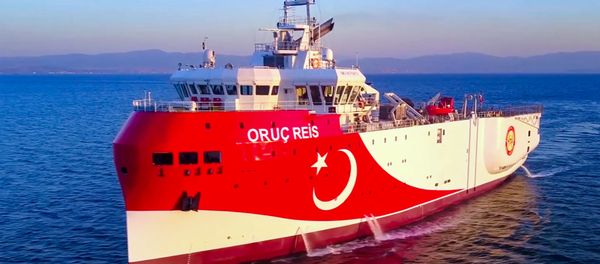 This handout photograph released by the Turkish Defence Ministry on August 12, 2020, shows Turkish seismic research vessel 'Oruc Reis' heading in the west of Antalya on the Mediterranean Sea. This handout photograph released by the Turkish Defence Ministry on August 12, 2020, shows Turkish seismic research vessel 'Oruc Reis' heading in the west of Antalya on the Mediterranean Sea. - Sputnik International