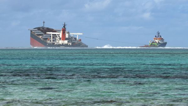 A picture taken on August 15, 2020 near Blue Bay Marine Park, shows the vessel MV Wakashio, belonging to a Japanese company but Panamanian-flagged, that ran aground near Blue Bay Marine Park off the coast of south-east Mauritius. - Sputnik International