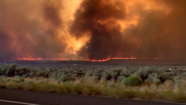 Fire and smoke from the Loyalton Fire is seen from a highway in Lassen County, California, U.S., August 15, 2020 in this screen grab obtained from a social media video. Dylyn Walker/via REUTERS THIS IMAGE HAS BEEN SUPPLIED BY A THIRD PARTY. MANDATORY CREDIT. NO RESALES. NO ARCHIVES. - Sputnik International