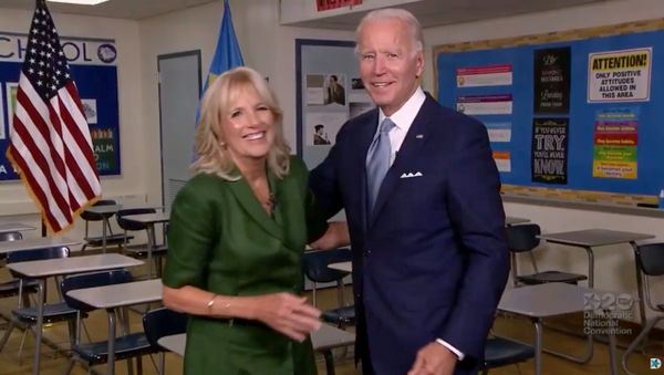 U.S. Democratic presidential candidate Joe Biden and his wife Jill Biden speak from Brandywine High School, where she taught English from 1991 to 1993, during the virtual 2020 Democratic National Convention as participants from across the country are hosted over video links from the originally planned site of the convention in Milwaukee, Wisconsin, U.S. August 18, 2020. - Sputnik International