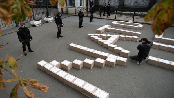 Boxes containing signatures of Ukrainian people in support of the referendum on Ukraine's accession to the NATO system of collective security, outside the President's Administration building Boxes containing signatures of Ukrainian people in support of the referendum on Ukraine's accession to the NATO system of collective security, outside the President's Administration building - Sputnik International