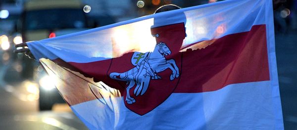 A Belarus opposition supporter holds a flag during a rally on the Independence Square, in Minsk, Belarus - Sputnik International