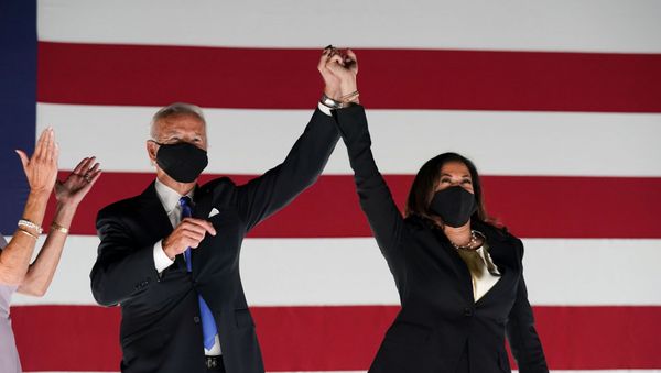 Democratic presidential candidate, former Vice President Joe Biden, U.S. Senator and Democratic candidate for Vice President Kamala Harris celebrate after Joe Biden accepted the 2020 Democratic presidential nomination during the 4th and final night of the 2020 Democratic National Convention, as participants from across the country are hosted over video links from the originally planned site of the convention in Milwaukee, Wisconsin, U.S. August 20, 2020. - Sputnik International