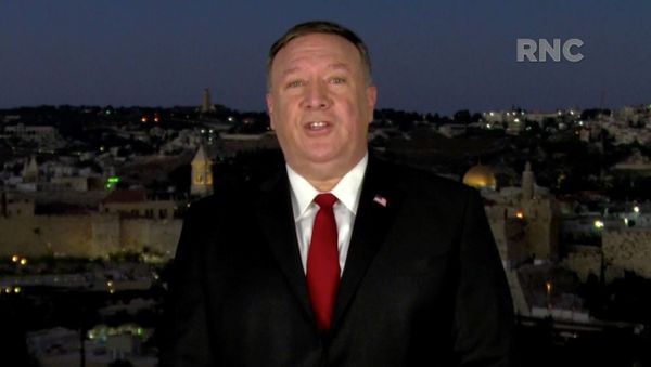 U.S. Secretary of State Mike Pompeo speaks by video feed from Jerusalem during the largely virtual 2020 Republican National Convention broadcast from Washington, U.S. August 25, 2020 - Sputnik International