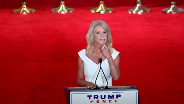 White House counselor Kellyanne Conway looks on before delivering a pre-recorded address to the largely virtual 2020 Republican National Convention from the Mellon Auditorium in Washington, U.S., August 26, 2020 - Sputnik International