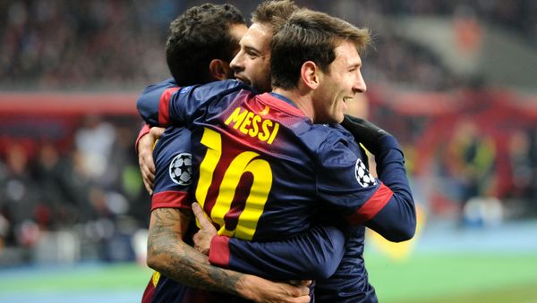 Barcelona's Lionel Messi celebrates a goal during a match with Russia's Spartak at the 2012-2013 UEFA championship - Sputnik International
