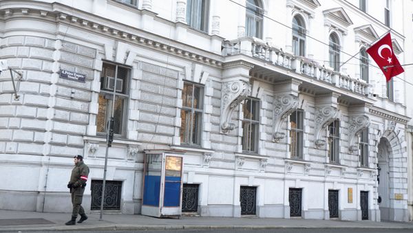 An Austrian soldier stands on guard outside the Turkish embassy in Vienna, Austria on November 16, 2018. - With a far-right party sharing power and anti-immigration sentiment generally on the rise in Austria, Austrians with Turkish roots are anxious that they could be stripped of their citizenship. Except in very special cases, Austria does not allow its citizens to hold dual nationality. - Sputnik International