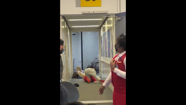Screenshot captures moment in which two Delta Air Lines passengers engaged in a fight on a jet bridge at LaGuardia Airport on August 30, 2020. - Sputnik International