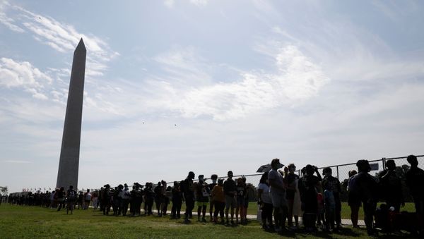 People line up in front of the Washington Monument before the Get Your Knee Off Our Necks march in support of racial justice that is expected to gather protestors from all over the country in Washington, U.S., August 28, 2020. People line up in front of the Washington Monument before the Get Your Knee Off Our Necks march in support of racial justice that is expected to gather protestors from all over the country in Washington, U.S., August 28, 2020. - Sputnik International