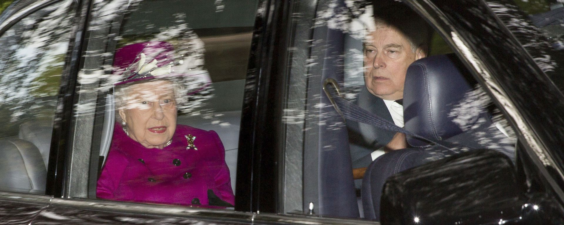 Britain's Queen Elizabeth arrives with her son Prince Andrew, at Crathie Kirk to attend a Sunday morning church service near Balmoral, Scotland, Sunday, Sept. 15, 2019. - Sputnik International, 1920, 23.09.2021
