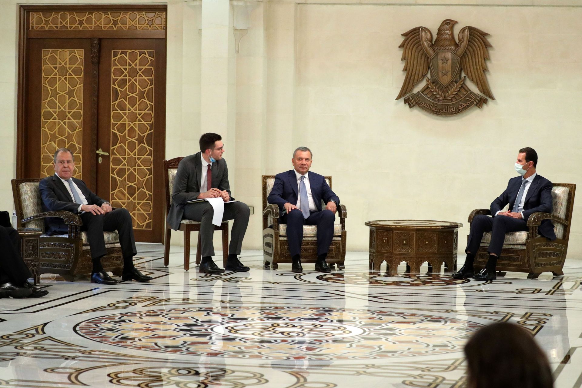 Russia's Deputy Prime Minister Yuri Borisov (C) and Foreign Minister Sergei Lavrov (L) meet with Syrian President Bashar al-Assad (R) in Damascus on September 7, 2020 Russia's Deputy Prime Minister Yuri Borisov (C) and Foreign Minister Sergei Lavrov (L) meet with Syrian President Bashar al-Assad (R) in Damascus on September 7, 2020 - Sputnik International, 1920, 15.07.2022