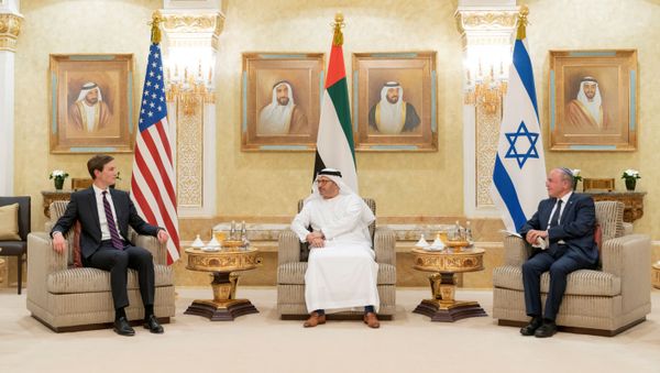 Israeli National Security Advisor Meir Ben-Shabbat, U.S. President's senior adviser Jared Kushner and Minister of State for Foreign Affairs of United Arab Emirates Anwar Gargash hold a meeting in Abu Dhabi, United Arab Emirates August 31, 2020.  - Sputnik International