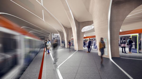 The platform has columns designed in the form of arrows to point out the direction of movement. - Sputnik International