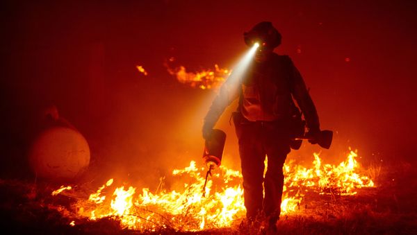 Firefighters cut defensive lines and light backfires to protect structures behind a CalFire fire station during the Bear fire, part of the North Lightning Complex fires in the Berry Creek area of unincorporated Butte County, California on September 9, 2020 - Sputnik International