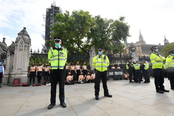Topless Extinction Rebellion Female Activists Lock Themselves to UK Parl't Gates - Sputnik International
