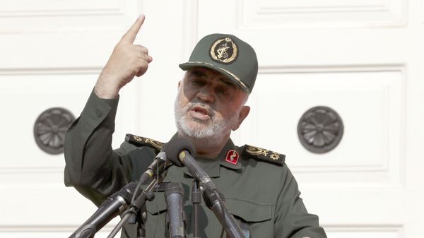 In this Nov. 2, 2019 file photo, Chief of Iran's Revolutionary Guard Gen. Hossein Salami speaks in a ceremony to unveil new anti-U.S. murals painted on the walls of former U.S. embassy in Tehran, Iran. The chief of Iran's powerful Revolutionary Guard warned Monday, Jan. 27, 2020,  that it will retaliate against American and Israeli commanders if the U.S. continues to threaten top Iranian generals. “I warn them to withdraw from this field,” Gen. Hossein Salami told state television, adding if they do not, they “will definitely regret it.”  - Sputnik International
