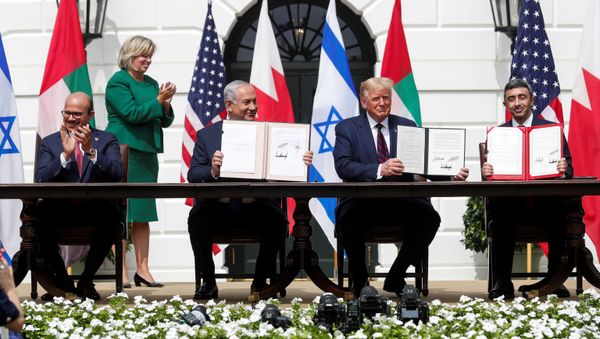 Bahrain’s Foreign Minister Abdullatif Al Zayani, Israel's Prime Minister Benjamin Netanyahu, U.S. President Donald Trump and United Arab Emirates (UAE) Foreign Minister Abdullah bin Zayed participate in the signing of the Abraham Accords, normalizing relations between Israel and some of its Middle East neighbors Bahrain’s Foreign Minister Abdullatif Al Zayani, Israel's Prime Minister Benjamin Netanyahu, U.S. President Donald Trump and United Arab Emirates (UAE) Foreign Minister Abdullah bin Zayed participate in the signing of the Abraham Accords, normalizing relations between Israel and some of its Middle East neighbors - Sputnik International