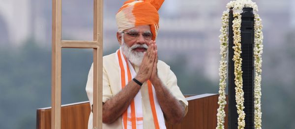 India's Prime Minister Narendra Modi gestures after unfurling the tricolour during a ceremony to celebrate India's 74th Independence Day, which marks the end of British colonial rule, at the Red Fort in New Delhi on August 15, 2020 - Sputnik International