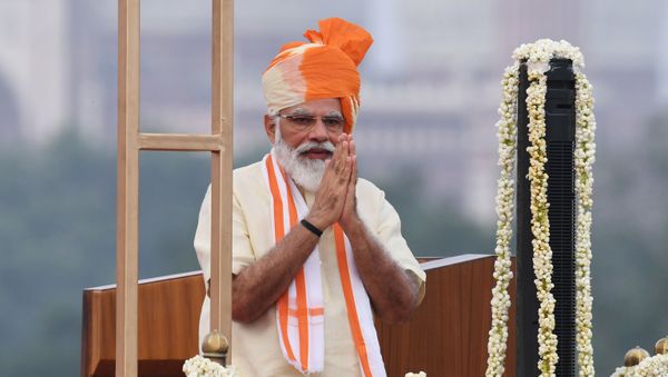India's Prime Minister Narendra Modi gestures after unfurling the tricolour during a ceremony to celebrate India's 74th Independence Day, which marks the end of British colonial rule, at the Red Fort in New Delhi on August 15, 2020 - Sputnik International