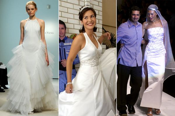 (On the left): A model demonstrates a dress from Vera Wang’s spring collection in Bridal Week New York on 17 April 2008; Yekaterina Dmitrieva Malenchenko (C) poses near a cardboard figure of her husband, Russian cosmonaut and Hero of Russia, Yuri Malenchenko after a wedding ceremony that was held via satellite link on 10 August 2003; Italian designer Antonio D'Amico (R) with a French model during a show in Milan on 26 September 1999. (On the left): A model demonstrates a dress from Vera Wang’s spring collection in Bridal Week New York on 17 April 2008; Yekaterina Dmitrieva Malenchenko (C) poses near a cardboard figure of her husband, Russian cosmonaut and Hero of Russia, Yuri Malenchenko after a wedding ceremony that was held via satellite link on 10 August 2003; Italian designer Antonio D'Amico (R) with a French model during a show in Milan on 26 September 1999. - Sputnik International