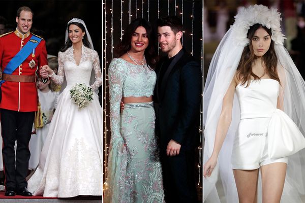Kate Middleton, Duchess of Cambridge (L) after her wedding with Prince William, Prince of Cambridge, on 29 April 2011; Indian actress Priyanka Chopra (C) with her husband, musician Nick Jonas, on 20 December 2018; a model demonstrates clothes by Lebanese designer Reem Acra during the Bridal Week in New York on 11 April 2019. Kate Middleton, Duchess of Cambridge (L) after her wedding with Prince William, Prince of Cambridge, on 29 April 2011; Indian actress Priyanka Chopra (C) with her husband, musician Nick Jonas, on 20 December 2018; a model demonstrates clothes by Lebanese designer Reem Acra during the Bridal Week in New York on 11 April 2019. - Sputnik International