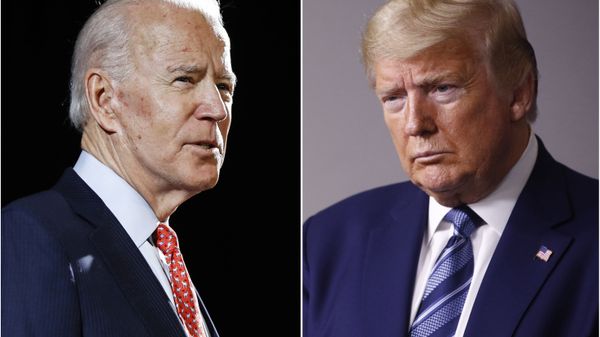 FILE - In this combination of file photos, former Vice President Joe Biden speaks in Wilmington, Del., on March 12, 2020, left, and President Donald Trump speaks at the White House in Washington on April 5, 2020. Trump has accused his Democratic rival Biden of having connections to the “radical left” and has pilloried his relationship with China, his record on criminal justice, his plans for the pandemic and even his son's business dealings. (AP Photo, File) - Sputnik International