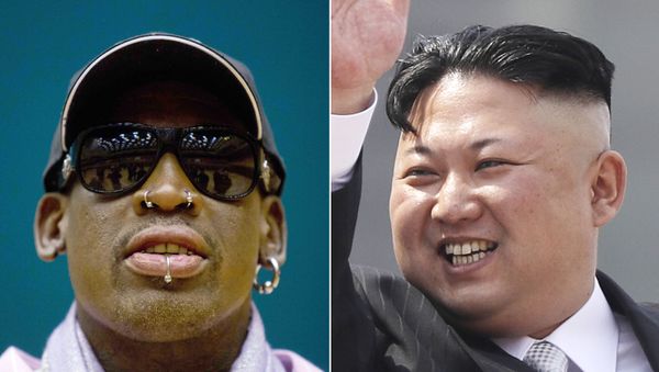 This combination of file photos shows former NBA basketball star Dennis Rodman in Pyongyang, North Korea on Dec. 20, 2013, left, and North Korean leader Kim Jong Un in Pyongyang on April 15, 2017 - Sputnik International