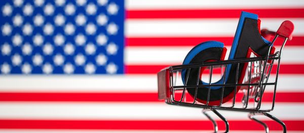 A shopping cart carrying a 3D printed TikTok logo is seen in front of displayed US flag A shopping cart carrying a 3D printed TikTok logo is seen in front of displayed US flag - Sputnik International