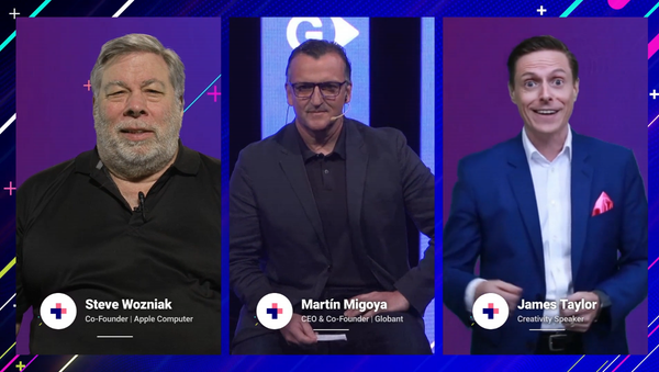 Apple co-founder Steve Jobs, Globant chief executive Martín Migoya and Globant creativity speaker James Taylor hold a fireside chat at the CONVERGE+ online event on 17 September 2020 - Sputnik International