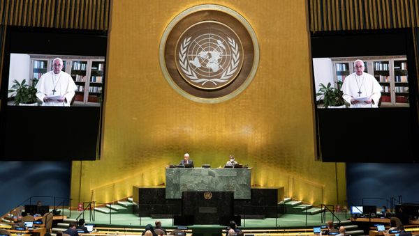 Pope Francis speaks virtually during the 75th annual U.N. General Assembly, which is being held mostly virtually due to the coronavirus disease (COVID-19) pandemic in the Manhattan borough of New York City, New York, U.S., September 25, 2020. - Sputnik International
