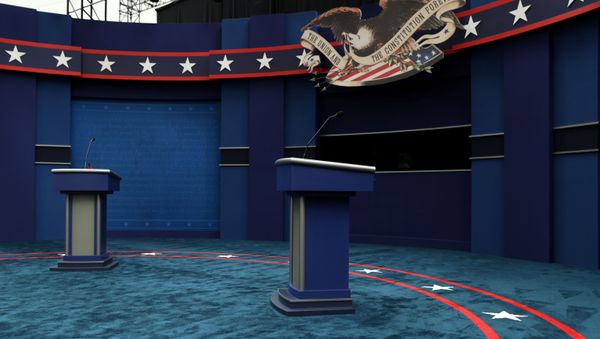 The stage awaits U.S. President Donald Trump and Democratic U.S. presidential nominee and former Vice President Joe Biden before their first presidential debate on the campus of the Cleveland Clinic in Cleveland, Ohio, U.S. September 29, 2020. - Sputnik International