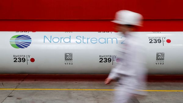  The logo of the Nord Stream 2 gas pipeline project is seen on a large diameter pipe at Chelyabinsk Pipe Rolling Plant owned by ChelPipe Group in Chelyabinsk, Russia February 26, 2020. Picture taken February 26, 2020 - Sputnik International