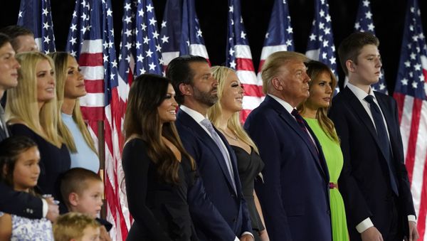 From left, Jared Kushner and his wife Ivanka Trump, Eric and Lara Trump, Kimberly Guilfoyle and Donald Trump Jr., Tiffany Trump, President Donald Trump and first lady Melania Trump and Barron Trump stand on stage on the South Lawn of the White House on the fourth day of the Republican National Convention, Thursday, Aug. 27, 2020, in Washington - Sputnik International