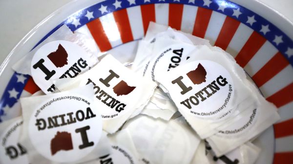 This is a bowl of stickers for those taking advantage of early voting, Sunday, March 15, 2020, in Steubenville, Ohio - Sputnik International