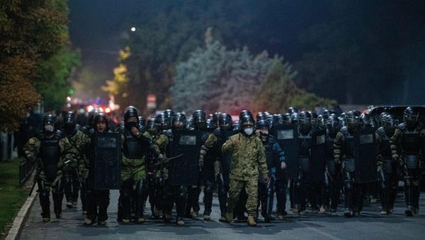 Law enforcement officers are seen during a rally against the parliamentary elections results, in Bishkek, Kyrgyzstan. Law enforcement officers are seen during a rally against the parliamentary elections results, in Bishkek, Kyrgyzstan. - Sputnik International