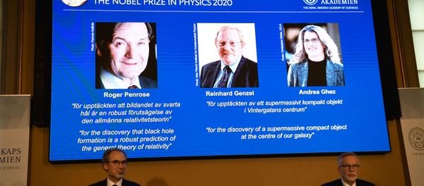 David Haviland, member of the Nobel Committee for Physics and Secretary General of the Royal Swedish Academy of Sciences Goran K. Hansson announce the winners of the 2020 Nobel Prize in Physics presented on the screen: Roger Penrose, Reinhard Genzel and Andrea Ghez during a news conference at the Royal Swedish Academy of Sciences, in Stockholm, Sweden October 6, 2020 David Haviland, member of the Nobel Committee for Physics and Secretary General of the Royal Swedish Academy of Sciences Goran K. Hansson announce the winners of the 2020 Nobel Prize in Physics presented on the screen: Roger Penrose, Reinhard Genzel and Andrea Ghez during a news conference at the Royal Swedish Academy of Sciences, in Stockholm, Sweden October 6, 2020 - Sputnik International