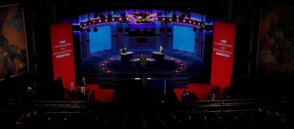 Stand-ins for the candidates and moderator rehearse on the debate stage during technical run-throughs a day ahead of the 2020 vice presidential campaign debate between Republican vice presidential nominee and U.S. Vice President Mike Pence and Democratic vice presidential nominee and U.S. Senator Kamala Harris, on the campus of the University of Utah in Salt Lake City, Utah, U.S., October 6, 2020. Stand-ins for the candidates and moderator rehearse on the debate stage during technical run-throughs a day ahead of the 2020 vice presidential campaign debate between Republican vice presidential nominee and U.S. Vice President Mike Pence and Democratic vice presidential nominee and U.S. Senator Kamala Harris, on the campus of the University of Utah in Salt Lake City, Utah, U.S., October 6, 2020. - Sputnik International