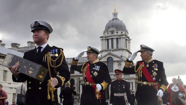 Officers from the Royal Navy re-enact the funeral of Britain's greatest naval hero, Admiral Horatio Nelson during a ceremony at the Maritime Museum in Greenwich, London, Friday, Sept, 16, 2005.  - Sputnik International